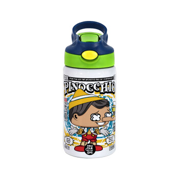 Pinocchio, Children's hot water bottle, stainless steel, with safety straw, green, blue (350ml)