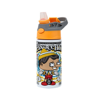 Pinocchio, Children's hot water bottle, stainless steel, with safety straw, Orange/Grey (360ml) BPA-FREE