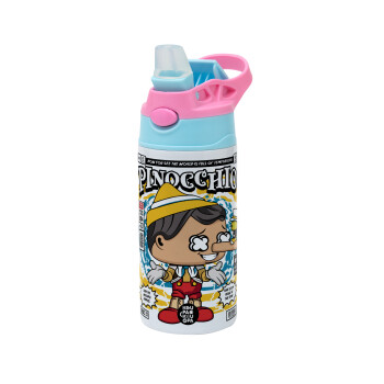 Pinocchio, Children's hot water bottle, stainless steel, with safety straw, Pink/BlueCiel (360ml) BPA FREE