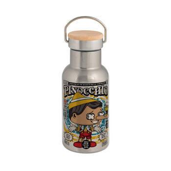 Pinocchio, Stainless steel metallic thermos flask, silver with a bamboo lid, double-walled, 350ml.