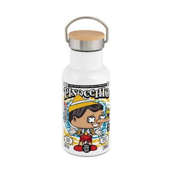 Pinocchio, Metallic thermos (Stainless steel) White with wooden lid (bamboo), double-walled, 350ml