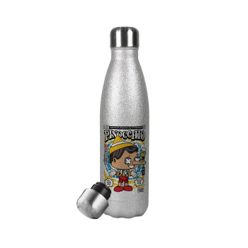 Pinocchio, Μεταλλικό παγούρι θερμός Glitter Aσημένιο (Stainless steel), διπλού τοιχώματος, 500ml