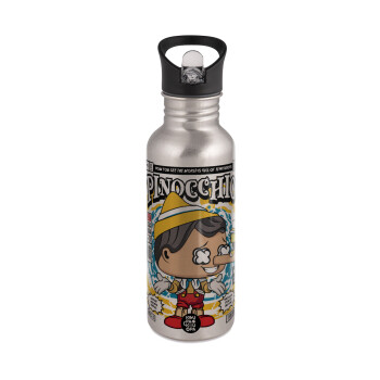 Pinocchio, Water bottle Silver with straw, stainless steel 600ml