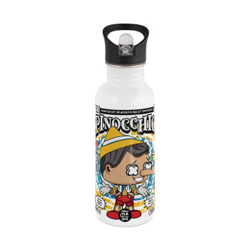 Pinocchio, White water bottle with straw, stainless steel 600ml