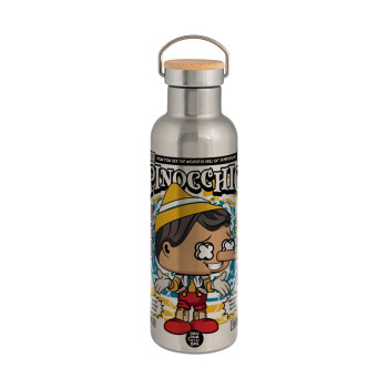 Pinocchio, Stainless steel Silver with wooden lid (bamboo), double wall, 750ml