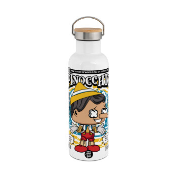 Pinocchio, Stainless steel White with wooden lid (bamboo), double wall, 750ml