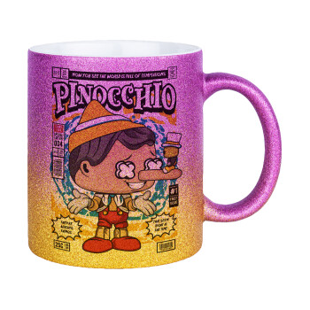 Pinocchio, Κούπα Χρυσή/Ροζ Glitter, κεραμική, 330ml