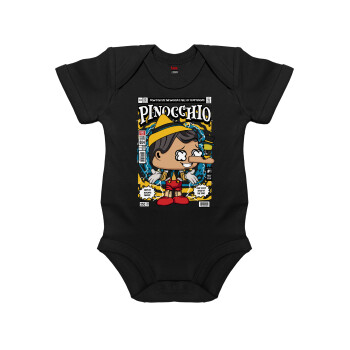 Pinocchio, Βρεφικό φορμάκι μωρού, 0-18 μηνών, ΜΑΥΡΟ, 100% Organic Cotton, κοντομάνικο