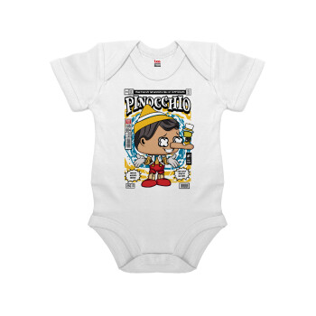 Pinocchio, Βρεφικό φορμάκι μωρού, 0-24 μηνών, ΛΕΥΚΟ, 100% Organic Cotton, κοντομάνικο