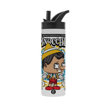 Pinocchio, Metallic thermos bottle with straw & handle, stainless steel (Stainless steel 304), double-walled, 600ml.