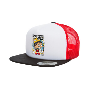 Pinocchio, Adult Foam Flat Snapback with Mesh Black-White-Red (POLYESTER, ADULT, UNISEX, ONE SIZE)