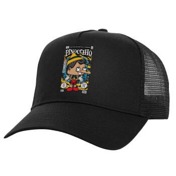 Pinocchio, Structured Trucker Adult Hat, with Mesh, Black (100% COTTON, ADULT, UNISEX, ONE SIZE)