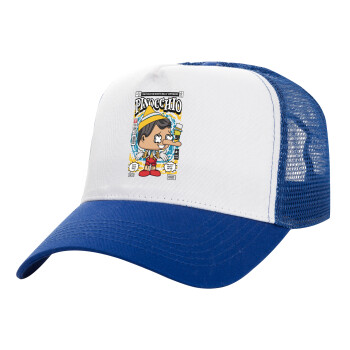 Pinocchio, Adult Structured Trucker Hat, with Mesh, WHITE/BLUE (100% COTTON, ADULT, UNISEX, ONE SIZE)