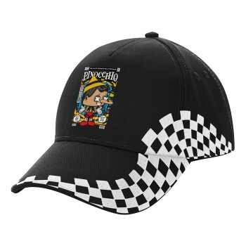 Pinocchio, Adult Ultimate BLACK RACING Cap, (100% COTTON DRILL, ADULT, UNISEX, ONE SIZE)