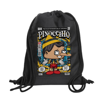 Pinocchio, Τσάντα πλάτης πουγκί GYMBAG Μαύρη, με τσέπη (40x48cm) & χονδρά κορδόνια