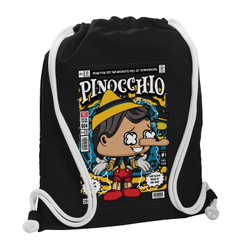 Pinocchio, Τσάντα πλάτης πουγκί GYMBAG Μαύρη, με τσέπη (40x48cm) & χονδρά λευκά κορδόνια