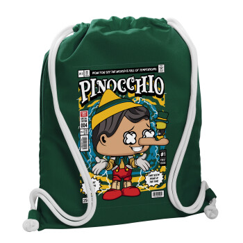 Pinocchio, Τσάντα πλάτης πουγκί GYMBAG BOTTLE GREEN, με τσέπη (40x48cm) & χονδρά λευκά κορδόνια