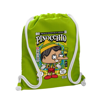 Pinocchio, Backpack bag GYMBAG LIME GREEN, with pocket (40x48cm) & thick cords