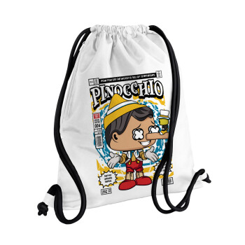 Pinocchio, Backpack pouch GYMBAG white, with pocket (40x48cm) & thick cords