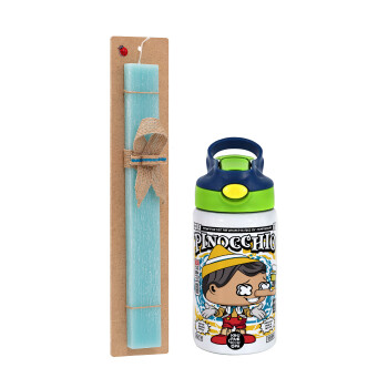 Pinocchio, Easter Set, Children's thermal stainless steel bottle with safety straw, green/blue (350ml) & aromatic flat Easter candle (30cm) (TURQUOISE)