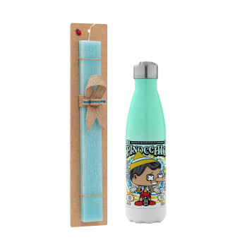 Pinocchio, Easter Set, Metallic green/white thermos (Stainless steel), double-walled, 500ml & scented flat Easter candle (30cm) (TURQUOISE)