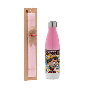 Pinocchio, Easter Set, Metallic pink/white (Stainless steel) thermos, double-walled, 500ml & aromatic flat Easter candle (30cm) (PINK)