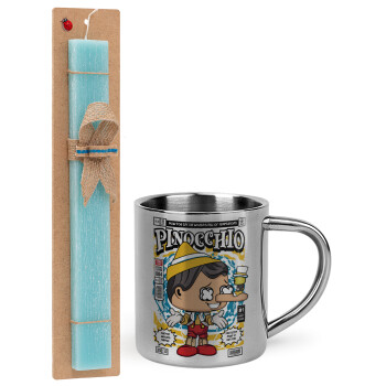 Pinocchio, Easter Set, metallic thermal cup (300ml) & aromatic flat Easter candle (30cm) (TURQUOISE)