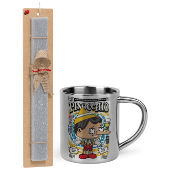 Pinocchio, Easter Set, metallic thermal cup (300ml) & Easter aromatic flat candle (30cm) (GRAY)