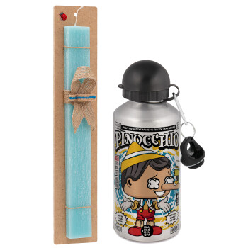 Pinocchio, Easter Set, metallic silver aluminum water bottle (500ml) & scented flat Easter candle (30cm) (TURQUOISE)