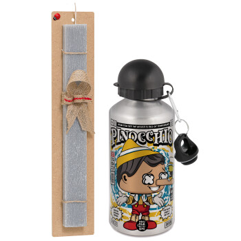 Pinocchio, Easter Set, metallic silver aluminum water bottle (500ml) & aromatic flat Easter candle (30cm) (GRAY)