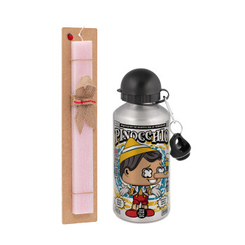 Pinocchio, Easter Set, metallic Silver aluminum water bottle (500ml) & scented flat Easter candle (30cm) (PINK)