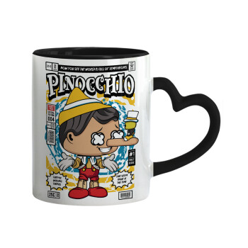 Pinocchio, Κούπα καρδιά χερούλι μαύρη, κεραμική, 330ml