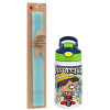 Easter Set, Children's thermal stainless steel bottle with safety straw, green/blue (350ml) & aromatic flat Easter candle (30cm) (TURQUOISE)