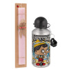 Easter Set, metallic Silver aluminum water bottle (500ml) & scented flat Easter candle (30cm) (PINK)