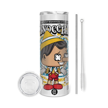 Pinocchio, Eco friendly ποτήρι θερμό (tumbler) από ανοξείδωτο ατσάλι 600ml, με μεταλλικό καλαμάκι & βούρτσα καθαρισμού