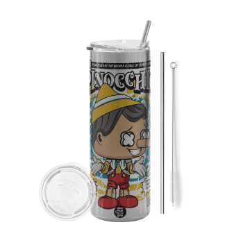 Pinocchio, Eco friendly ποτήρι θερμό Ασημένιο (tumbler) από ανοξείδωτο ατσάλι 600ml, με μεταλλικό καλαμάκι & βούρτσα καθαρισμού