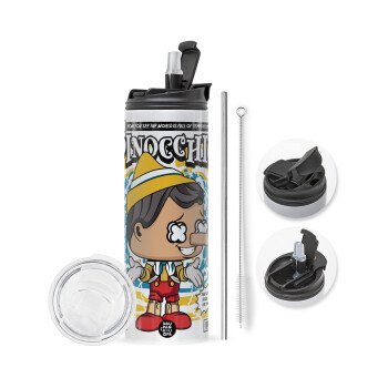 Pinocchio, Travel Tumbler θερμό με διπλό καπάκι, μεταλλικό καλαμάκι και βούρτσα καθαρισμού (Ανωξείδωτο 304 Food grade, BPA free, 600ml)