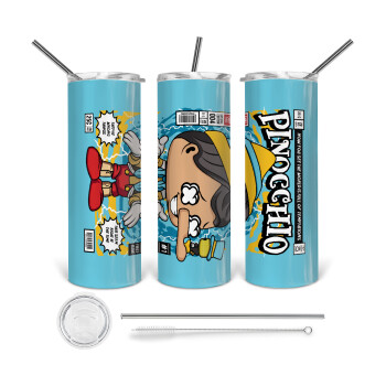 Pinocchio, Tumbler ποτήρι θερμό από ανοξείδωτο ατσάλι 600ml, με μεταλλικό καλαμάκι & βούρτσα καθαρισμού