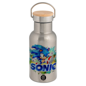 Sonic, Stainless steel metallic thermos flask, silver with a bamboo lid, double-walled, 350ml.