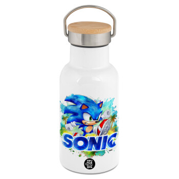 Sonic, Metallic thermos (Stainless steel) White with wooden lid (bamboo), double-walled, 350ml