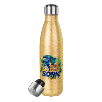 Sonic, Glitter gold stainless steel thermos bottle, double-walled, 500ml