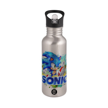 Sonic, Water bottle Silver with straw, stainless steel 600ml