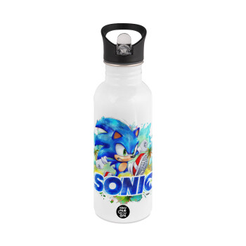 Sonic, White water bottle with straw, stainless steel 600ml