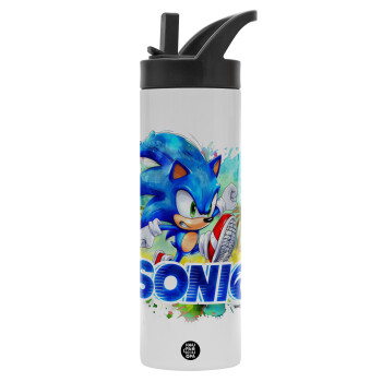 Sonic, Metallic thermos bottle with straw & handle, stainless steel (Stainless steel 304), double-walled, 600ml.