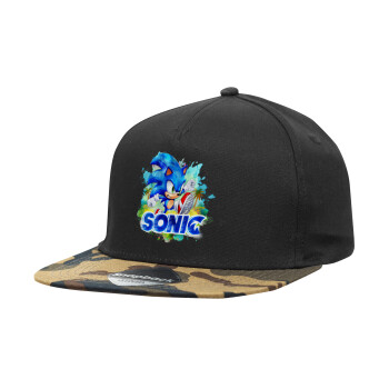 Sonic, Adult Flat Snapback Hat Black/Camouflage, (100% COTTON TWILL, ADULT, UNISEX, ONE SIZE)