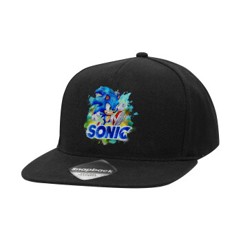 Sonic, Adult Flat Snapback Hat Black, (100% COTTON TWILL, ADULT, UNISEX, ONE SIZE)