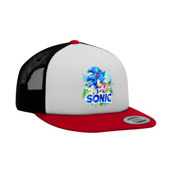 Sonic, Adult Foam Flat Snapback with Mesh Red-White-Black (POLYESTER, ADULT, UNISEX, ONE SIZE)