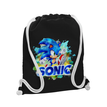 Sonic, Backpack pouch GYMBAG Black, with pocket (40x48cm) & thick white cords