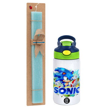 Sonic, Easter Set, Children's thermal stainless steel bottle with safety straw, green/blue (350ml) & aromatic flat Easter candle (30cm) (TURQUOISE)