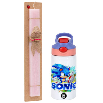 Sonic, Easter Set, Children's thermal stainless steel water bottle with safety straw, pink/purple (350ml) & Easter scented flat candle (30cm) (PINK)